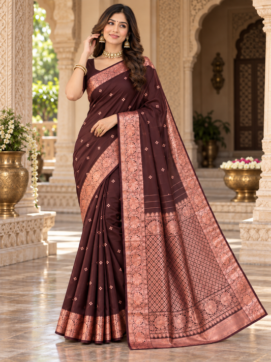 Festive Wine Soft Banarasi Silk Saree with Winsome Blouse Piece