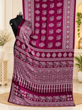 Royal Wine Semi Gajji Silk Ajrakh Print Saree With Mirror Work