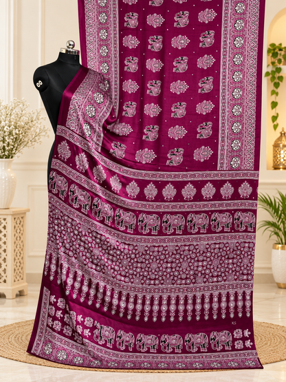 Royal Wine Semi Gajji Silk Ajrakh Print Saree With Mirror Work