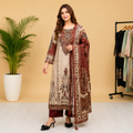 Very Attractive Beige and Maroon Printed Chinon Suit Set With Mirror Work