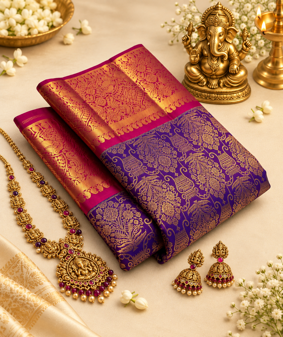 Royal Purple Pure Kanjivaram Silk Saree with Heavy Zari Border