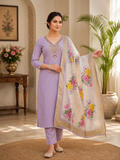 Elegant Lavender Premium Mul Chanderi Hand-Work Suit Set with Floral Dupatta