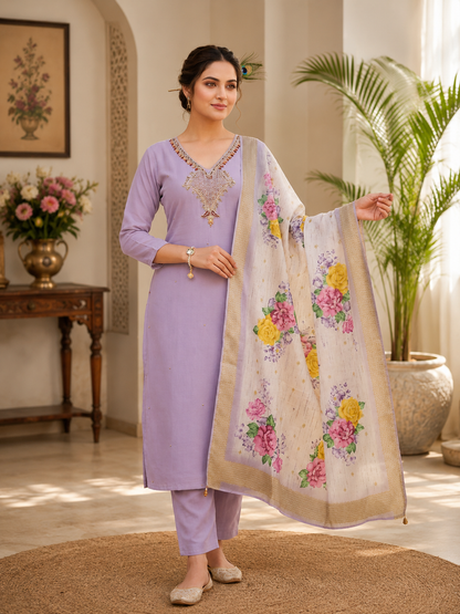 Elegant Lavender Premium Mul Chanderi Hand-Work Suit Set with Floral Dupatta