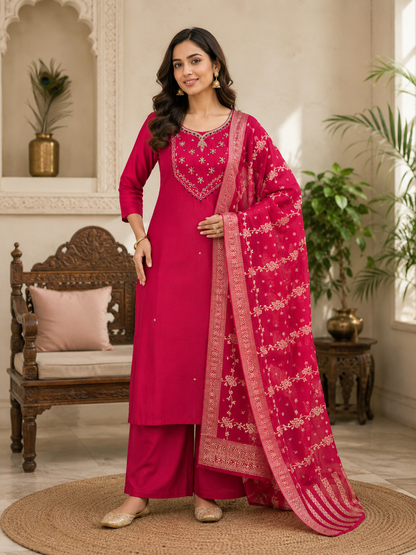 Elegant Handwork Mul Chanderi Suit Set With Jacquard Dupatta