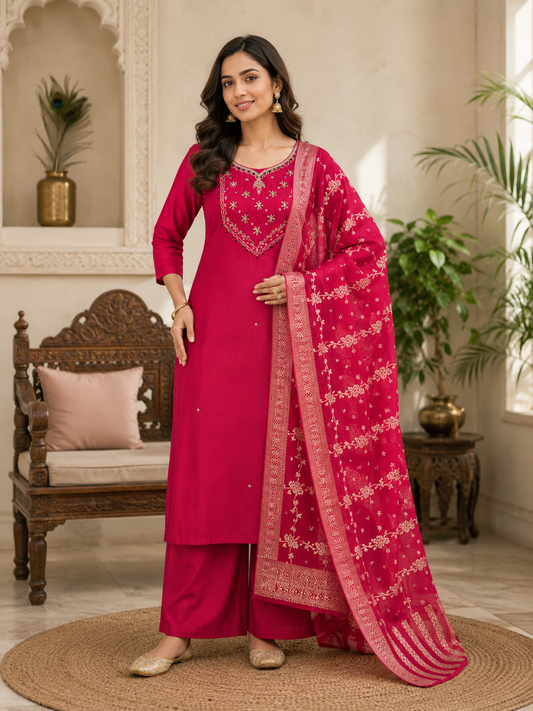 Elegant Handwork Mul Chanderi Suit Set With Jacquard Dupatta