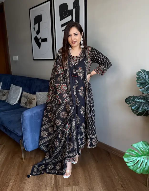 New Arrival Ajarakh Print Anarkali Suit Set
