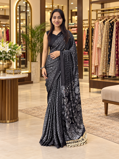 Elegant Black Gajji Silk Saree with Traditional Mirror Work Border