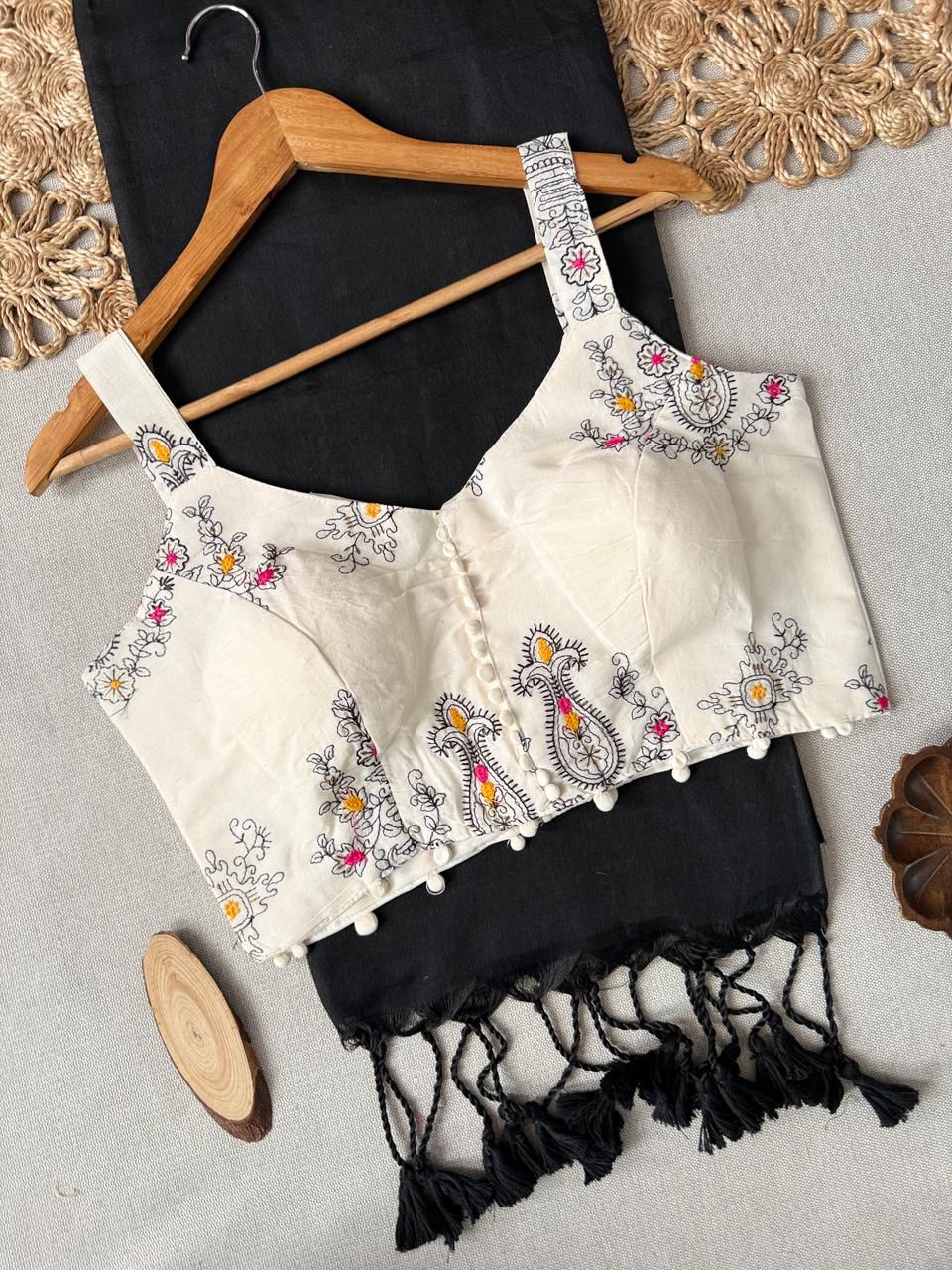 Dharma Exclusive - BlackHandloom Cotton Saree With Havy Embroidery Stitched Blouse