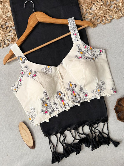 Dharma Exclusive - BlackHandloom Cotton Saree With Havy Embroidery Stitched Blouse