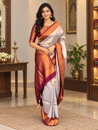 Elegant Cream & Maroon Soft Banarasi Silk Festive Saree