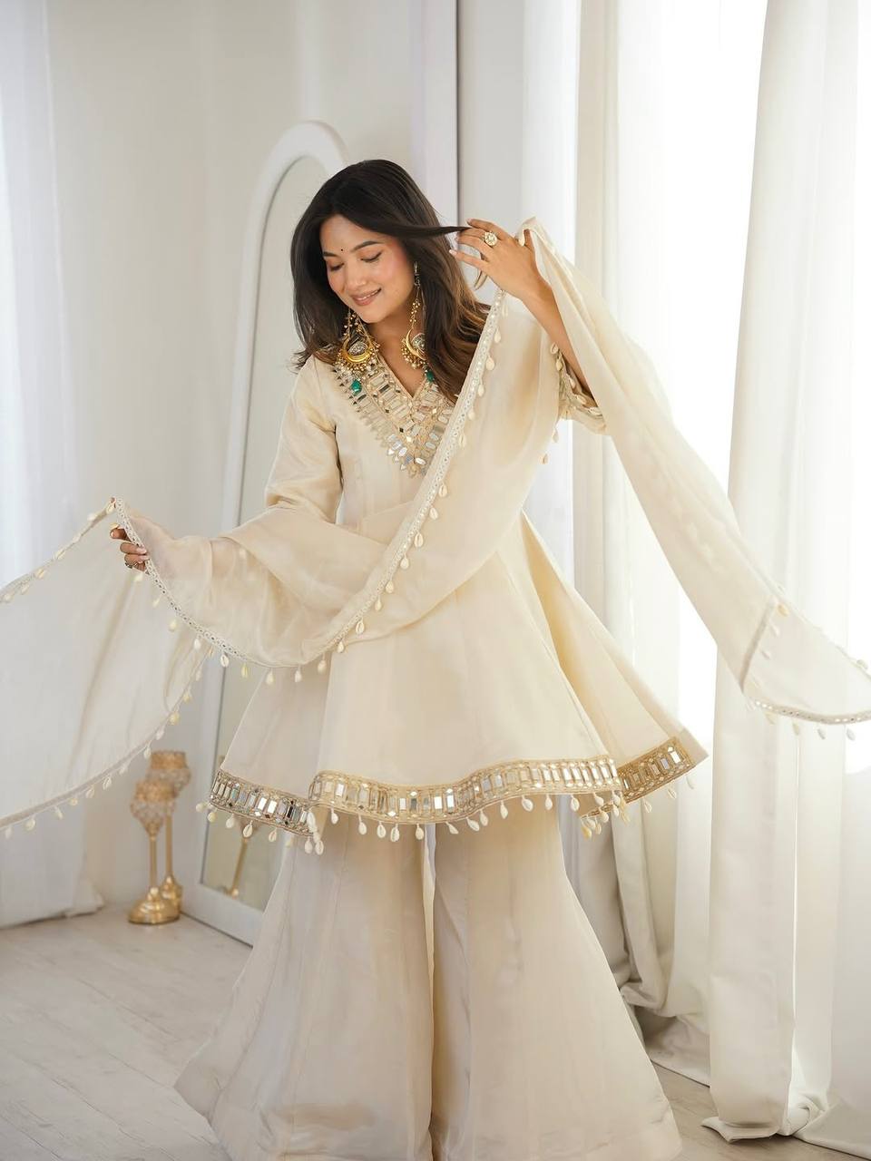 Tebby Organza Silk Peplum Sharara Set with Real Mirror Work Border