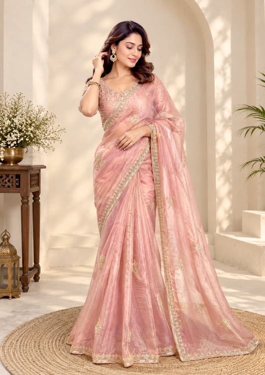 Elegant Onion Pink Pearl Work Salsa Silk Saree