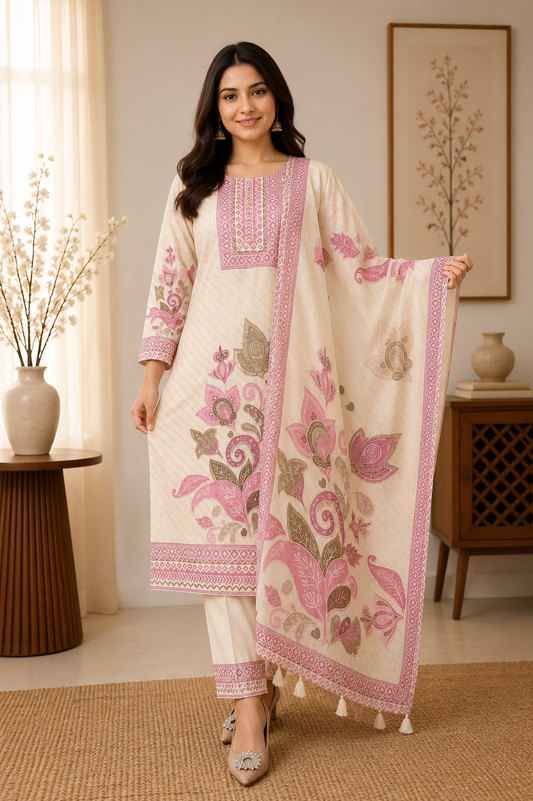 Very Attractive Pure Soft Raspberry Silk Suit Set with Floral Prints and Tassels