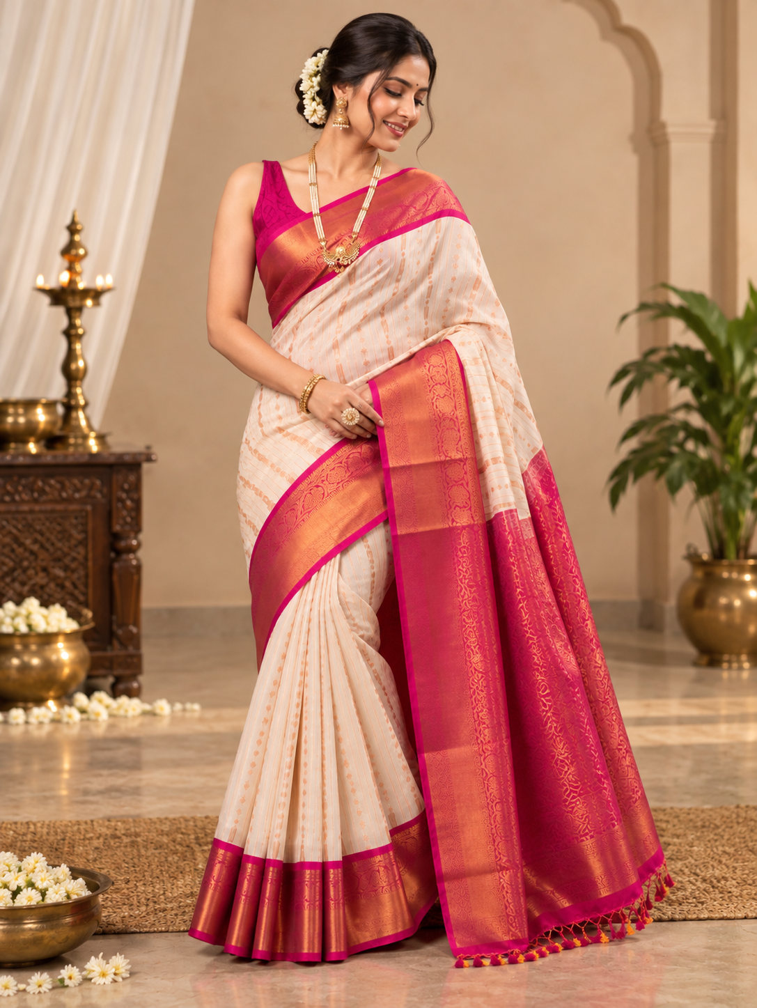 Elegant Cream Handwoven Soft Banarasi Silk Saree with Magenta Pink Pallu