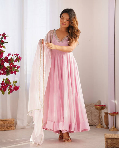 Blush Pink Faux Georgette Embroidered Anarkali Suit Set with Mirror Work Neckline