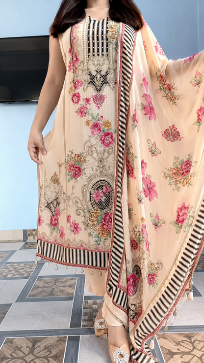 Elegant Floral Printed Muslin Suit Set with Dupatta
