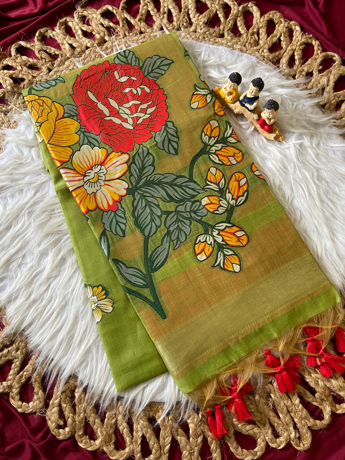 Festive Olive Green Soft Muga Cotton Resham Weaving Saree