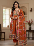 Elegant Rust Orange Soft Muslin Anarkali Salwar Suit Set with Digital Floral Print