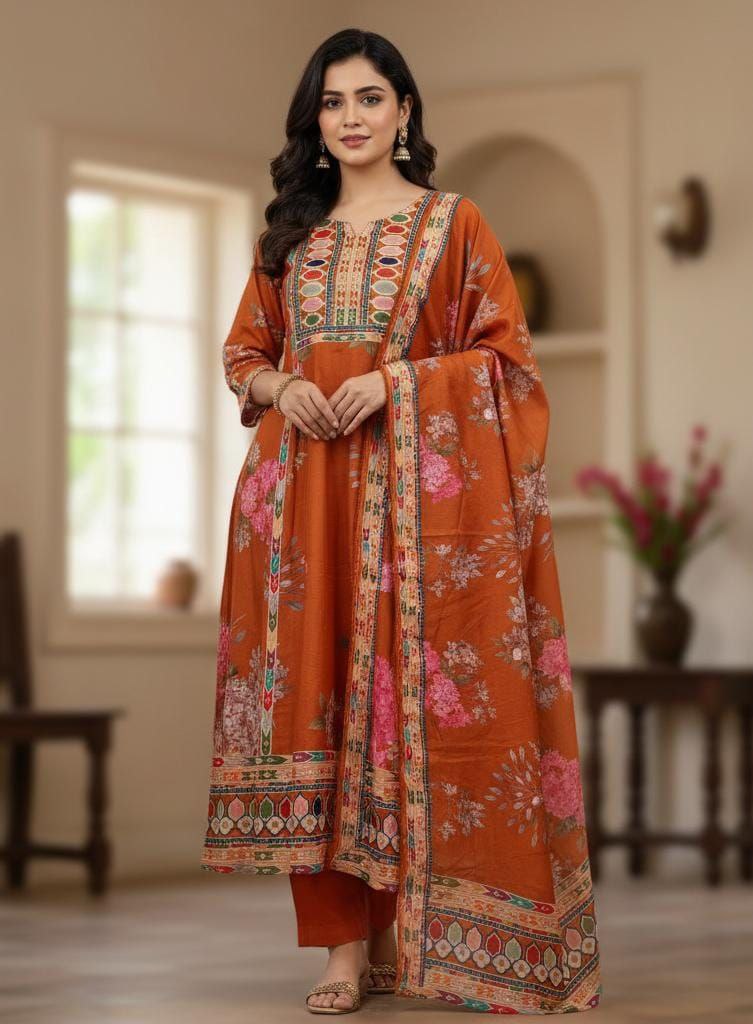Elegant Rust Orange Soft Muslin Anarkali Salwar Suit Set with Digital Floral Print