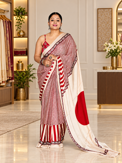 Excellent Cream and Red Striped Heritage Modal Silk Saree