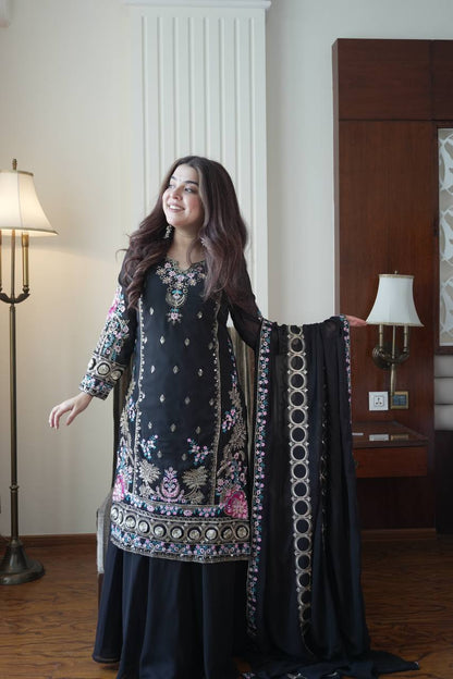 Elegant Black Fox Georgette Designer Suit Set With Embroidery Dupatta