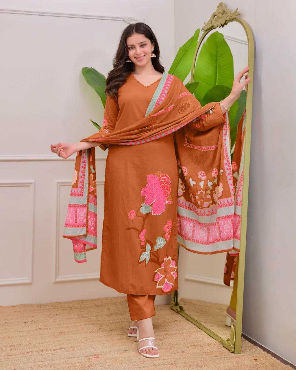 Designer Brown Soft Muslin Salwar Suit with Big Digital Floral Applique Print