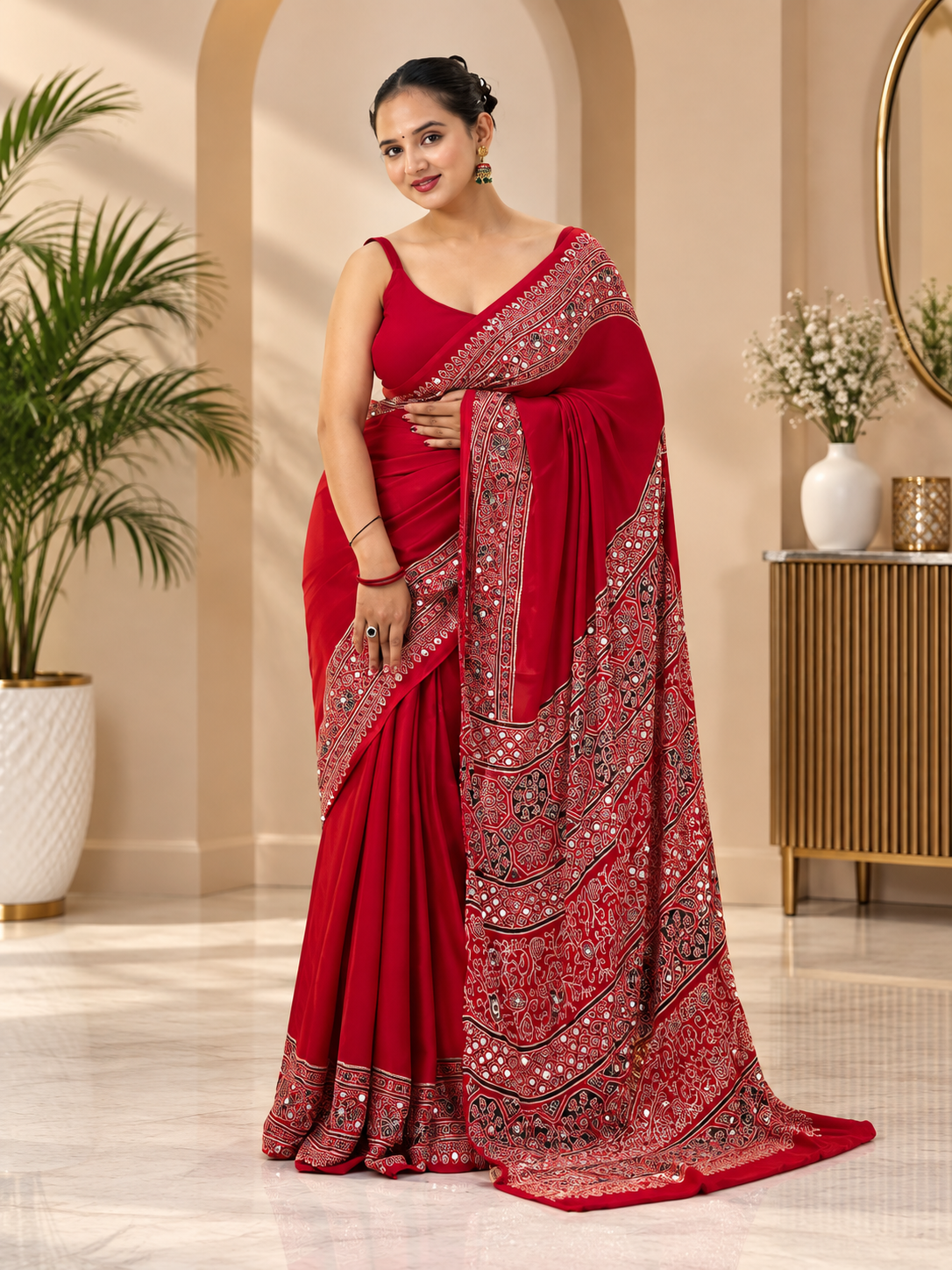 Awsome Red Silk Ajrakh Print Saree with Real Mirror Work