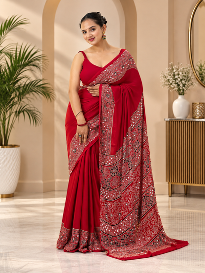 Awsome Red Silk Ajrakh Print Saree with Real Mirror Work