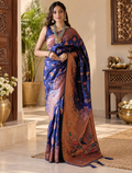 Royal Blue Meenakari Soft Banarasi Silk Saree with Copper Zari Border