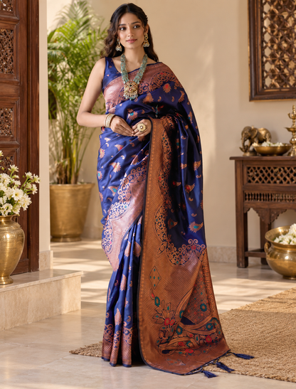 Royal Blue Meenakari Soft Banarasi Silk Saree with Copper Zari Border