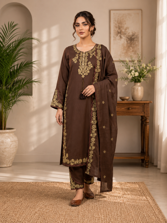 Elegant Brown Embroidered Roman Silk Suit Set with Dupatta