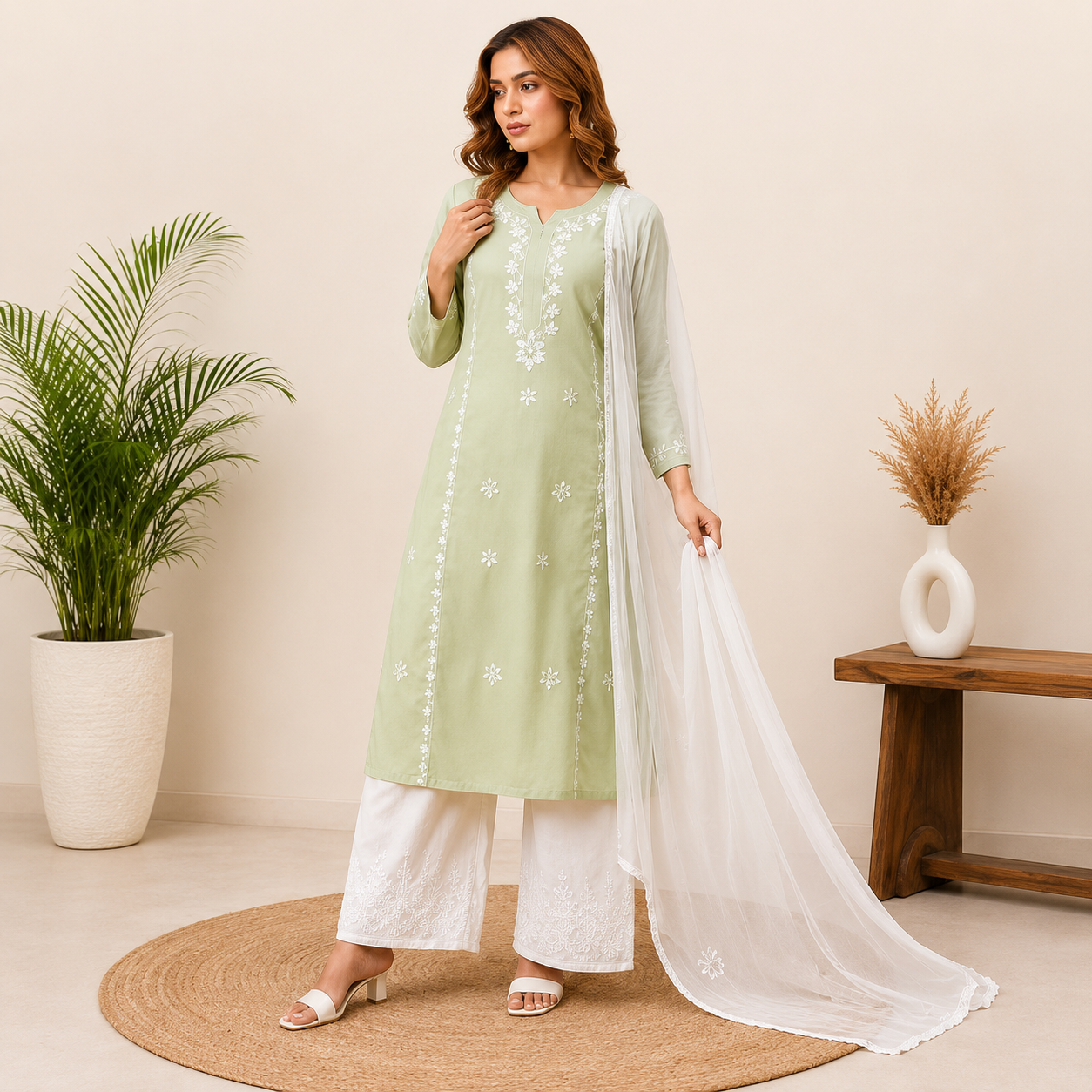 Elegant Sage Green Rayon Embroidered Suit Set With Dupatta