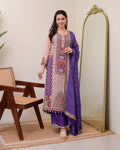 Attractive Violet Patchwork Printed Chinon Suit Set with Fancy Mirror Work