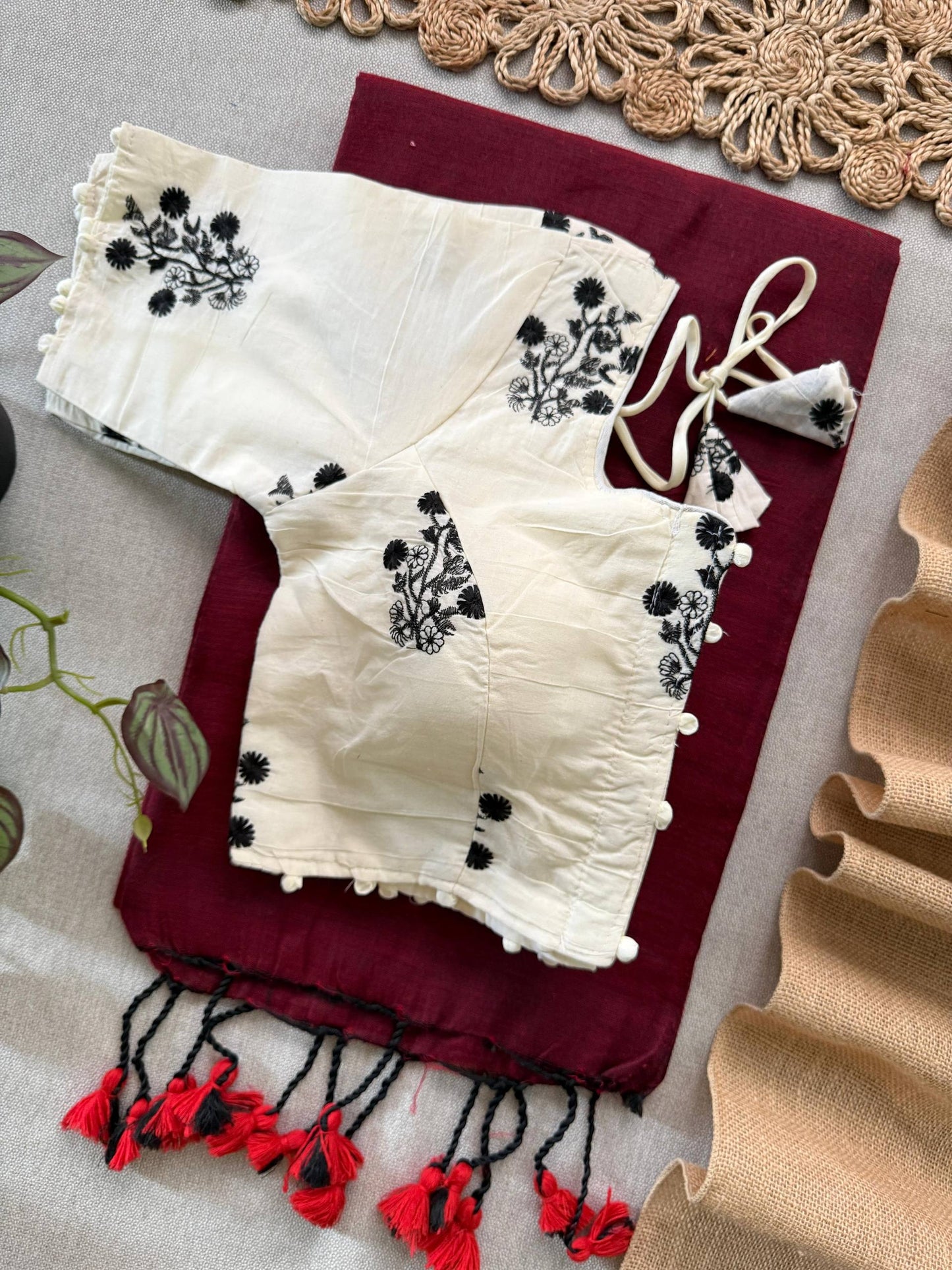 Maroon Handloom Cotton Saree With Havy Embroidery Stitched Blouse