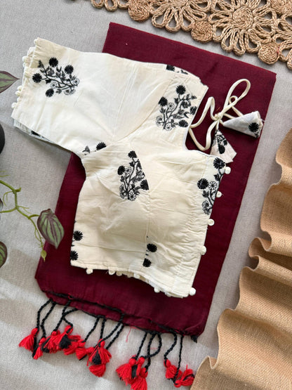 Maroon Handloom Cotton Saree With Havy Embroidery Stitched Blouse