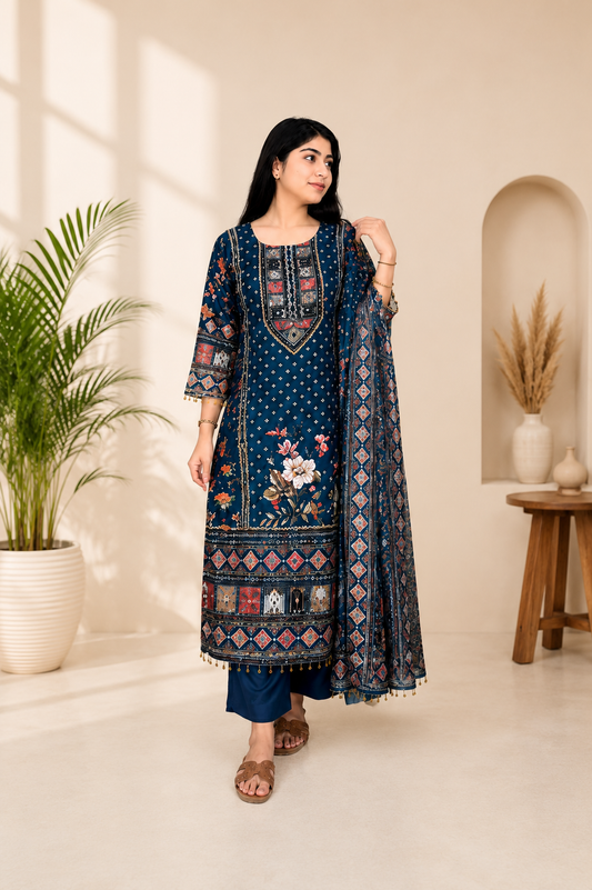 Attractive Prussian Blue Chinon Salwar Suit Set With Mirror Work