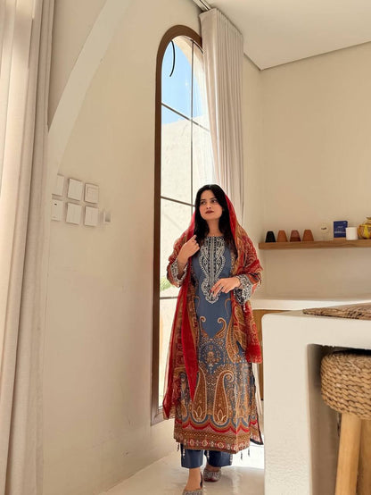 Elegant Blue Printed Chinon Anarkali Suit Set With Diamond Work