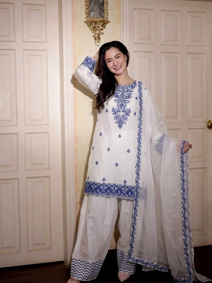 Elegant White Blue Rayon Cotton Embroidery Suit Set