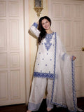 Elegant White Blue Rayon Cotton Embroidery Suit Set