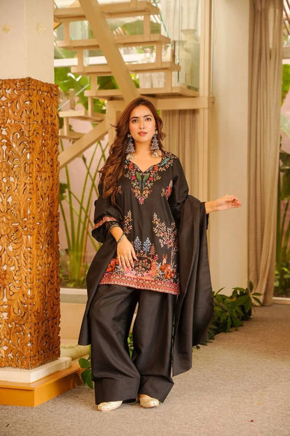 Very Attractive Jet Black Roman Silk Printed Salwar Suit Set