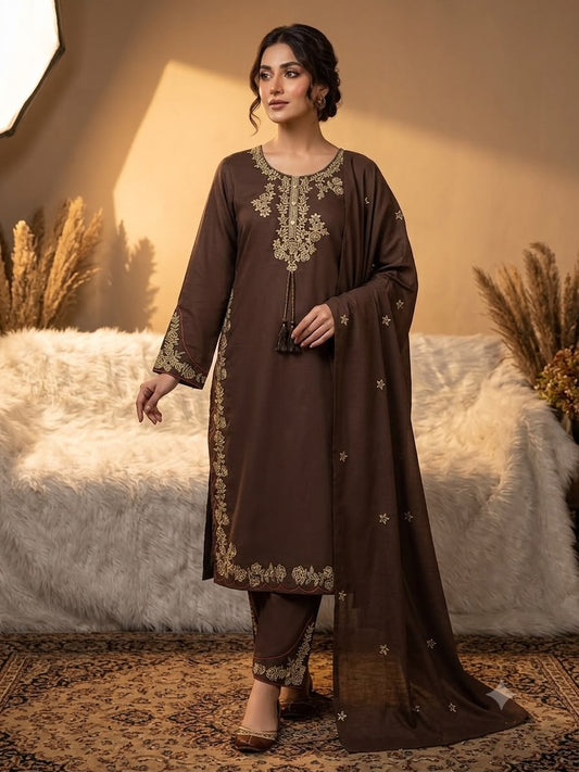Elegant Brown Embroidered Roman Silk Suit Set with Dupatta