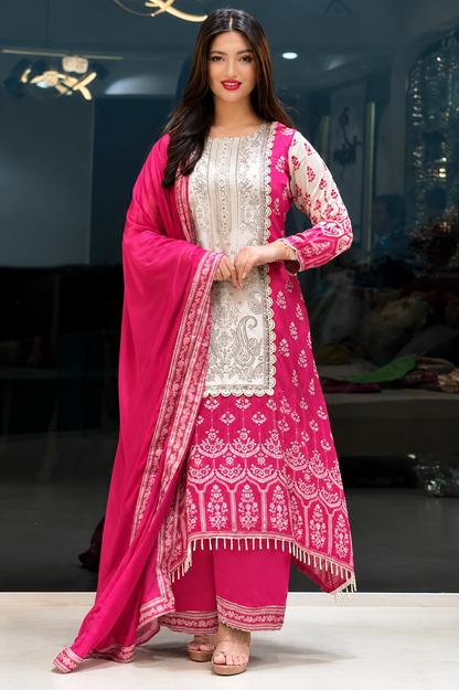 Attractive Rani Pink Chinon Silk A-Line Suit Set with Real Mirror Hand Work