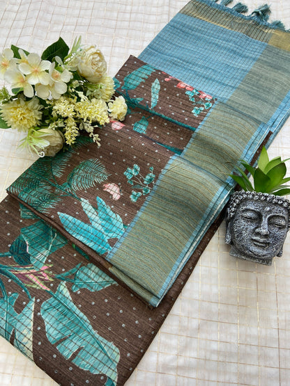 Trendy Coffee Brown & Aqua Floral Soft Tussar Silk Saree