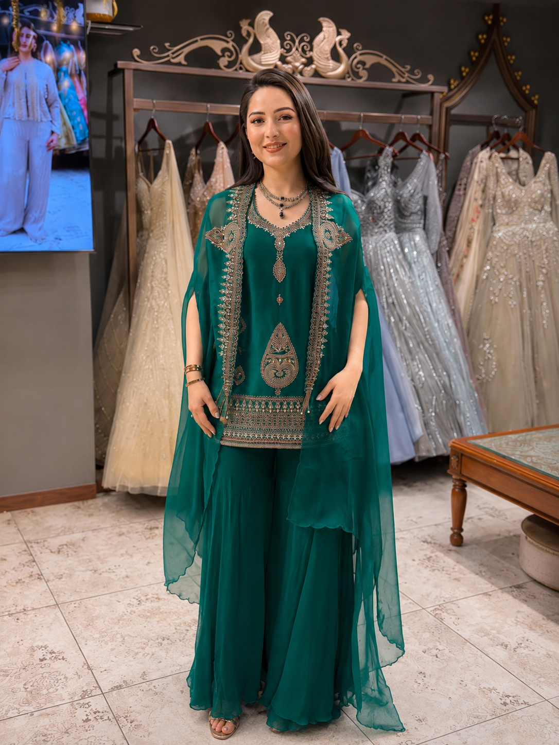 Emerald Green Rangoli Silk Indo-Western Set with Sequins Embroidered Cape Shrug