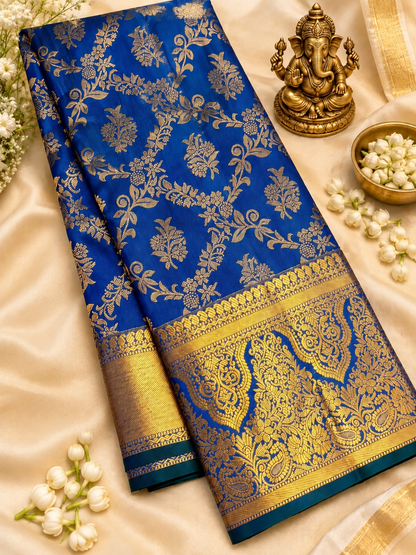 Royal Blue Soft Banarasi Silk Saree with Rich Gold Zari Border