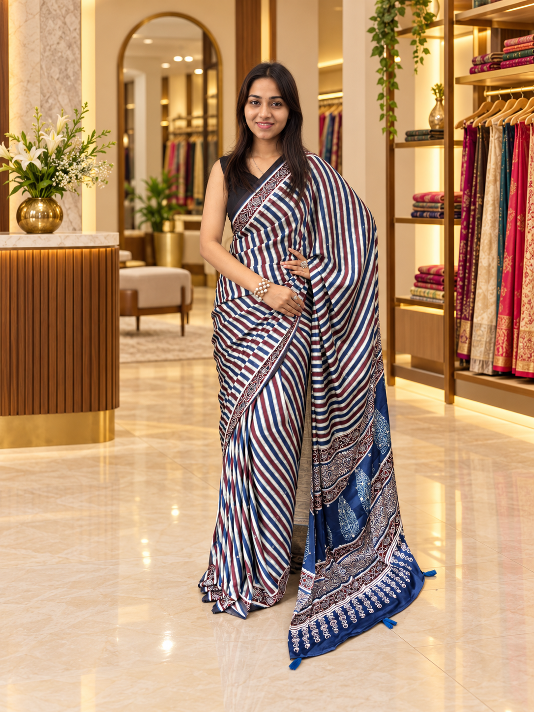 Premium Multi Silk Ajrakh Print Saree with Elegant Pallu