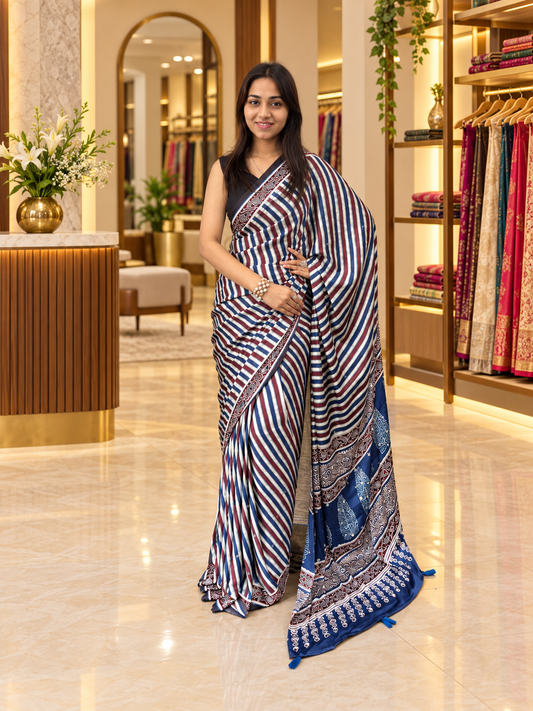 Premium Multi Silk Ajrakh Print Saree with Elegant Pallu