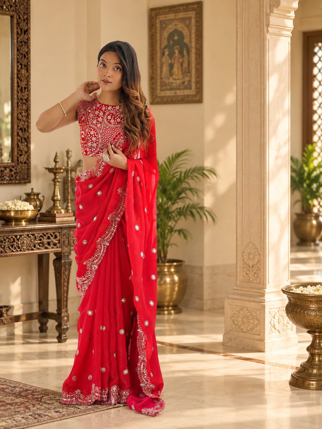 Trendy Festive style Dazzling Red Designer Chiffon Saree
