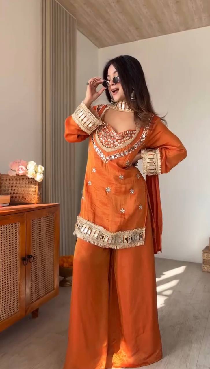 Rust Orange Fendy Silk Mirror Work Festive Suit Set