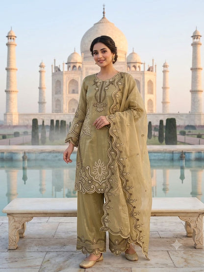 Elegant Olive Green Crunchy Silk Embroidered Suit Set with Organza Dupatta